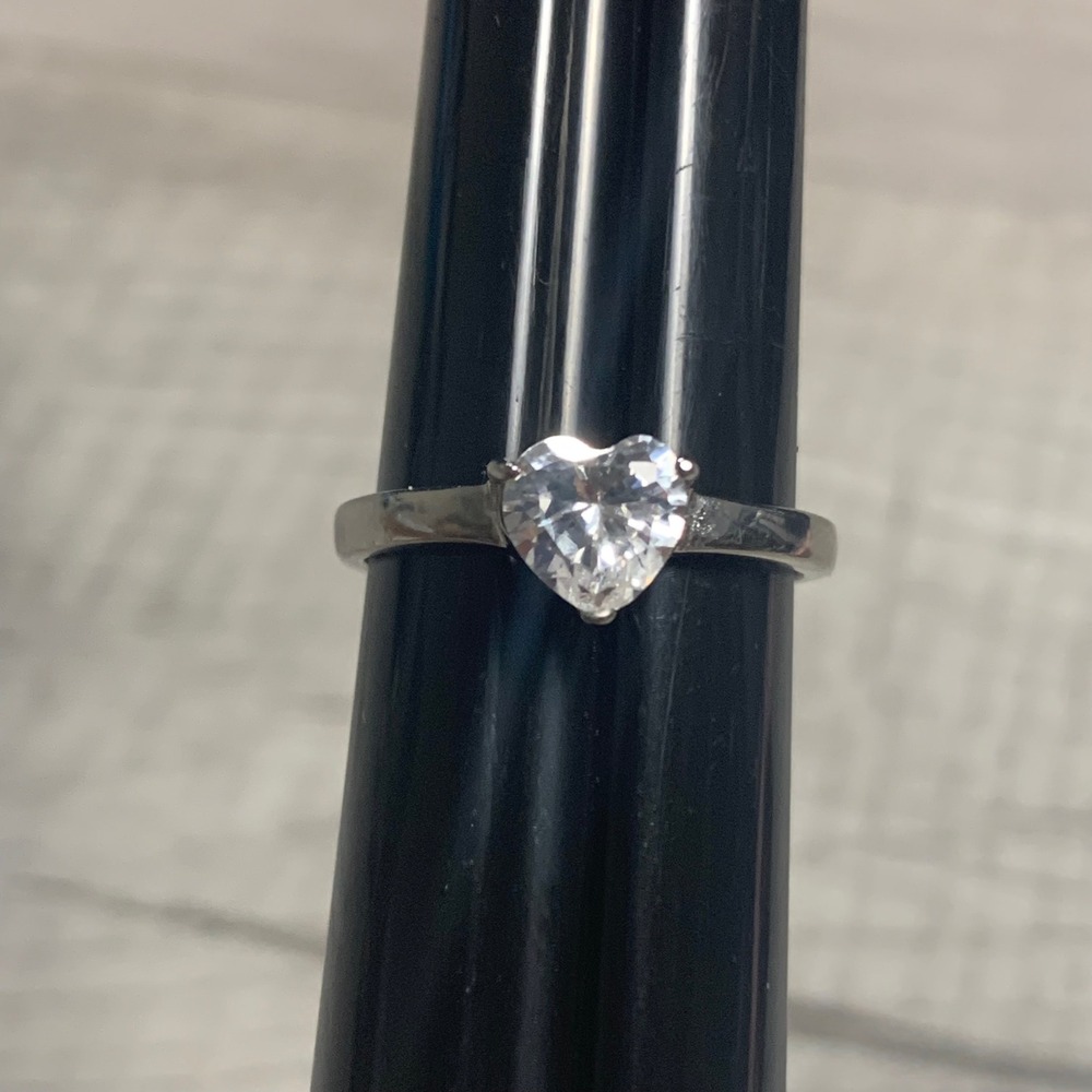 Silver Tone Heart Solitaire Ring Clear Faux Diamond Promise Ring Size 8.5